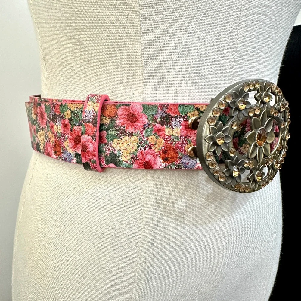 Vintage Style Floral Belt S Metallic Accent Jeweled Buckle Romantic Cottage Boho